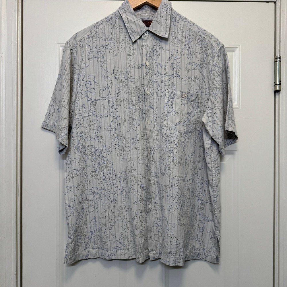 Tori Richard Mens Silk Button Down Shirt M Grey Blue Monkey Print Coastal Resort